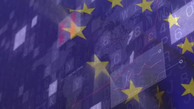 Kırmızı trend çizelgesi yukarı doğru hareketlenirken on iki altın yıldız oluşur. Şirket, teknoloji, dijital, yenilik, finans, veri, fütüristik