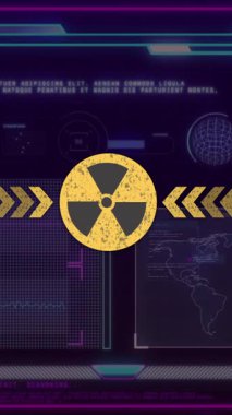 Dünya haritası verileriyle gelecekteki arayüzde radyasyon sembolünün animasyonu gösteriliyor. Teknoloji, küresel, dijital, siber güvenlik, yenilik, izleme