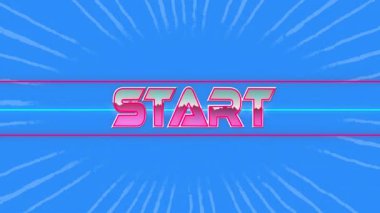 Neon pembe 3D START metni odak noktasına gelirken beyaz çizgiler patlıyor ve parmaklıklar çerçeveleniyor. Fütürist, enerjik, dijital, soyut, teknoloji, aydınlatma, dinamik
