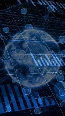 Canlandırılmış dijital grafik ve grafiklerle küresel verileri görselleştirmek. Analiz, istatistik, teknoloji, bilgi, veri görselleştirme