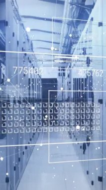 Veri işleme ve bilgisayar sunucu odası ile bağlantı ağının animasyonu. Bilgisayar arayüzü ve iş veri depolama teknolojisi kavramı