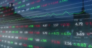 Fırlatma arayüzü Skyline üzerinde saydam borsa paneli gösteriyor, sayılar ve oklar dalgalanıyor. Gelecekçi, analitik, yatırım, teknoloji, kentsel, dijital, dinamik