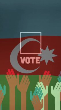 Azerbaycan bayrağı ve kontrol işaretli animasyonlu VOTE metni ile renkli eller kaldırıldı. Demokrasi, seçim, oy kullanma, vatanseverlik, milliyetçilik, sivil