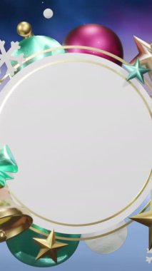 Kar ve Noel süslerinin kış manzarası üzerindeki boş beyaz dairesel tabelanın etrafında canlandırması. Noel, kış, şenlik, gelenek ve dijital olarak üretilen video konsepti.