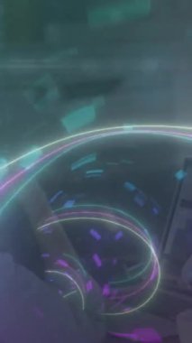 Neon tünelin animasyonu ve 5G kadın laboratuvar çalışanının üzerinden hızla geçiyor. ağ, bağlantılar, bilim ve teknoloji konsepti dijital olarak oluşturulmuş video.