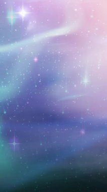 Evrende parlayan beyaz noktaların ve yeşil ve pembe ışık denemelerindeki yıldızların animasyonu. alan, astronomi ve galaksi konsepti dijital olarak oluşturulmuş video.