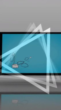 Tablet ekranında geometrik şekillerle bulutlarda yürüyen insan animasyonu. Dijital, sürrealite, yaratıcılık, teknoloji, soyut, hayal gücü