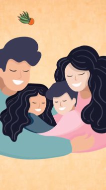 Kırmızı arka planda kucaklaşan aile kompozisyonu. Mutlu aile, sevgi ve destek konsepti dijital olarak oluşturulmuş imaj.