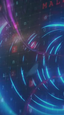 Veri işleme üzerinde neon halkalardan oluşan tünelin animasyonu, siyah arkaplanda virüs uyarısı. Veri işleme, iletişim, internet güvenliği ve teknoloji konsepti dijital olarak oluşturulmuş video.