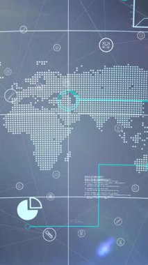 Arka plandaki dünya haritasında dijital simgelerle bağlantı ağının animasyonu. küresel teknoloji, dijital arayüz, bağlantı ve ağ konsepti dijital olarak oluşturulmuş video.