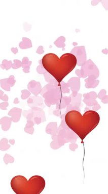 Aşk animasyonunda pembe kalp konfetisinin üzerinde yüzen kalp şeklinde balonlar. Aşk, kutlama, şenlik