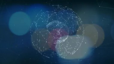 Beyaz noktalar küre örgüsüne dönüşüyor, pembe çekirdek titreşimi ve dönen küre ağı gösteriyor. Dijital, fütüristik, soyut, teknoloji, yenilik, bilim kurgu, geometrik