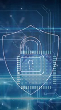 Dijital asma kilit ve veri işleme animasyonu. Dijital olarak oluşturulmuş küresel çevrimiçi güvenlik, finans, bilgisayar ve veri işleme kavramı.