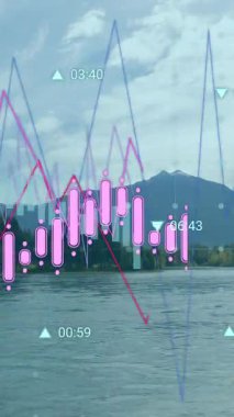 Manzara üzerinde veri işleme animasyonu. küresel iş ve dijital arayüz kavramı dijital olarak oluşturulmuş video.
