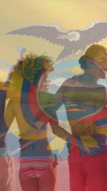 Sahilde insan zinciri oluşturan farklı arkadaşların üzerinde sallanan ekvador bayrağının animasyonu. Dijital bileşim, çoklu pozlama, birliktelik, özgürlük, hükümet ve vatanseverlik kavramı.