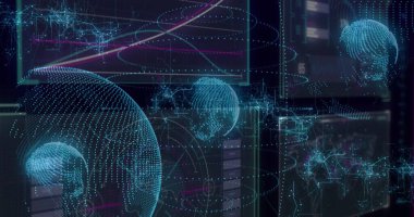 Teknoloji arayüzünde yüzen büyük üç boyutlu küre gösteriliyor, halka ve bağlayıcılar yörüngede yüzüyor, uzayı kopyalıyor. Holografi, veri görselleştirme, fütüristik, dijital, ağ, analiz, yenilik