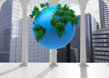 Yeşil ağaçlı düz mavi küre, gökdelenleri çerçeveleyen sütunlarla mermer platformun üzerinde süzülüyor. Sürdürülebilirlik, çevre dostu, şirket, minimalist, mimari, gelecekçi, çevresel