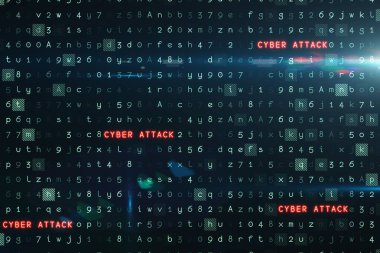 Kırmızı parlayan 'CYBER ATTACK' metin düz dijital kod matrisi üzerinde parlayan düğümler ile yanıp sönüyor. Siber güvenlik, dijital, geleceksel, teknoloji, ağ, şifreleme, veri