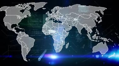 Kod ve uğursuzluk desenleriyle ortaya çıkan dünya haritası kayıyor, beyaz ışın Afrika 'yı tarıyor verileri görselleştiriyor. Global, teknoloji, dijital, fütüristik, ağ, soyutlama, tasarım