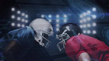 HUD teknolojisi yanıp sönerken, futbolcular ışıkların altında 3 puanlık duruşa iniyor. Sporcular, rekabet, dinamik, dijital, yenilik, yoğunluk, performans