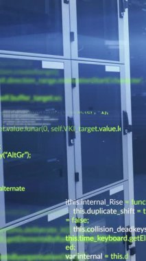 Animation of data processing against computer server room. Computer interface and business data storage technology concept
