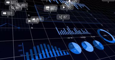 Şebeke görünüyor, çubuklar ve turtalar yükseliyor, çizgi grafikleri değişiyor, kabarcıklar kayıyor, ölçümleri canlandırıyor. Veri analizleri, gösterge paneli, bilgi grafikleri, kullanıcı bağlantısı, dijital pazarlama, iş zekası, canlandırılmış görselleştirme