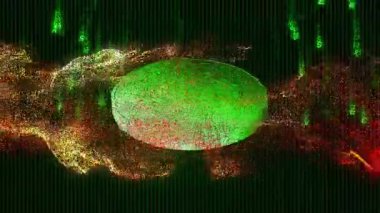 NFT harflerini eriten altın parçacıkları yeşil jetonlu atım sembollerine dönüşüyor. Kripto para birimi, dijital varlıklar, engelleme zinciri, mali teknoloji, sanal alan, yüksek teknoloji, gelecekçi