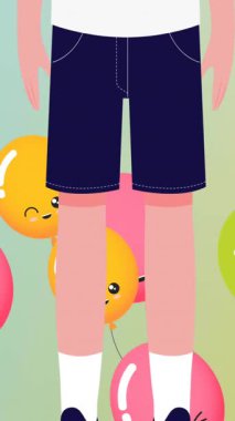 Balonların üzerine maske takan çocuk animasyonu. Coronavirus covid 19 salgını sırasında tıbbi ve sağlık hizmetleri dijital olarak üretilen video konsepti.