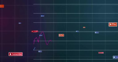 Deniz mavisi ızgarası açılıyor. Bağlantı simgeleri sürükleniyor, çizgi grafikleri takip ediliyor ve çubuklar akım gösteriyor. Dijital, analitik, veri, görselleştirme, teknoloji, pazarlama, performans