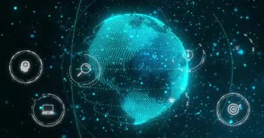 Dönen veri küresiyle başlayarak, simgeler solan, titreşen ve yörüngede dönen, verileri görselleştiren. Yenilik, teknoloji, siber güvenlik, dijital, analitik, yapay zeka, ağ