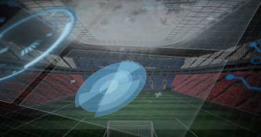 3D şebeke ve kale direkleriyle arenadaki futbol sahasının üzerinde süzülen dairesel holografik radar görüntüsü. Stadyum, sanal, fütüristik, spor, teknoloji, simülasyon, sürükleyici