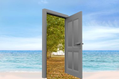 Açık kapının dijital bileşimi ve gökyüzünde ağaçlar.