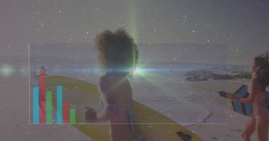 Bikinili arkadaşlar gece plajda yıldızların altında sarı mavi sörf tahtaları taşıyorlar. Macera, yoldaşlık, sahil kenarı, gökyüzü, neşe, eğlence, gençlik