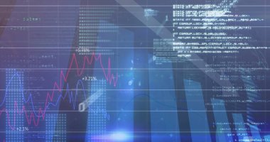 Ofis pencere çerçevelerinde veri arayüzü gösteriliyor, kırmızı ve mavi grafikler kod metni ile gösteriliyor. Teknoloji, analitik, konsollar, finans, kurumsal, fütüristik, veri odaklı