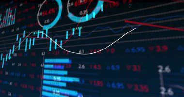 PC ekranında ızgara görüntülemedeki bar grafiklerini, çizgi grafiklerini, ölçümleri, sayısal deltaları gösteren mali veriler. Teknoloji, analitik, panel, büyüme, dijital, içgörü, performans