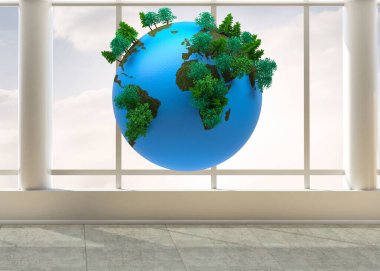 Üç boyutlu makine dairesinde süzülen ağaçlarla kaplı toprak küre, şebeke pencerelerini ve mermer zemini gösteriyor. Gezegen, çevre, mimari, modern, sürdürülebilirlik, tasarım, yenilik