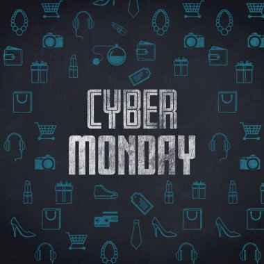 Close-up of Cyber Monday sale sign with various icon