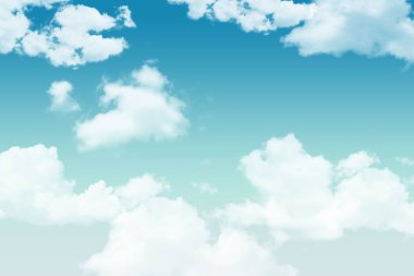 Beyaz kümülüs bulut oluşumu düz tasarımla canlı mavi gökyüzünde sürükleniyor. Gökyüzü, atmosfer, sükunet, minimalizm, doğal, arka plan, manzara