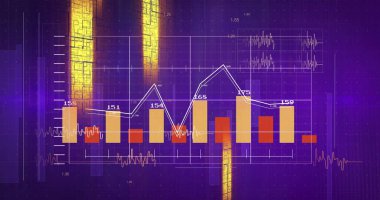 Sarı çubuklar ve sayısal etiketlerle dijital ekranda birleşik çubuk ve çizgi grafiği gösteriliyor. Analizler, veri görselleştirme, bilgi, dijital arayüz, gösterge paneli, teknolojik, geleceksel