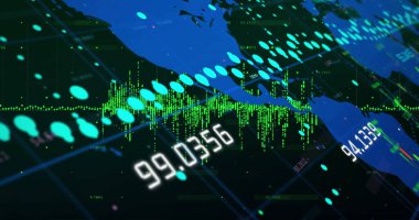 Gösterge panelinde Cyan işaretleyicileri, yeşil çubuk grafikleri ve beyaz sayısal etiketlerle dünya haritası gösteriliyor. Coğrafi, teknoloji, veri, görselleştirme, analitik, dijital, fütürist