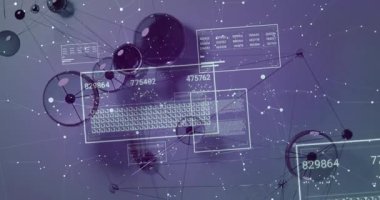 Gradyan açılış ağları hareket ediyor, paneller kayıyor ve veri görünümü için numaralar güncelleniyor. Gelecek, teknoloji, görselleştirme, bağlantı, dijital, soyut, veri