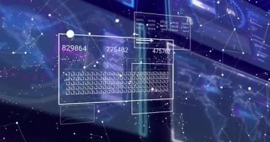 Klavyede kaybolan çizgilerden sonra düğümler hareket ettikçe, veri akışını görselleştirmek için numaralar güncellenir. Futuristik, teknoloji, veri, analitik, dijital, arayüz, ağ