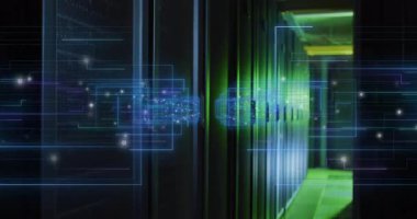 Mavimsi ızgaralar ortaya çıkıyor, veri küpleri raflara gidiyor, yeşil titreşimler veri transferini tarıyor. Gelecek, teknoloji, dijital, ağ, siber, soyut, yenilik