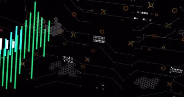 Sol ve yer değiştiren merkezden çıkan çubuklar, veri akışını gösteren kırmızı dalgalanmalar. Teknoloji, veri, dijital, analiz, görselleştirme, devre, fütüristik