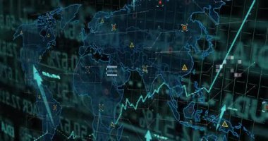 Titrek çizgi grafiği, büyümeyi gösteren oklar ve veri düğümleriyle ortaya çıkan bir dünya haritası. Gelecekçi, analitik, veri güdümlü, teknoloji, dijital, görselleştirme, yenilik