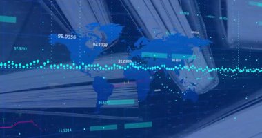 Küresel veriler değişen nokta bandını örtüyor, şamdanlar büyüyor, eğilimleri gösteren yeşil çizgiye tırmanıyor. Analizler, bilgi grafikleri, görselleştirme, finans, dijital, teknoloji, istatistik