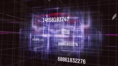 Grid forming triggers camera moving forward while numeric codes floating to represent data network. Futuristic, digital, abstract, technology, cyber, neon, virtual