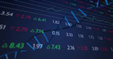 Koyu mavi gösterge paneli açılıyor, sayısal işaretler güncelleniyor ve piyasa eğilimlerini göstermek için sarmal dalga yükseliyor. Finans, veri, analitik, görselleştirme, teknoloji, dijital, yatırım