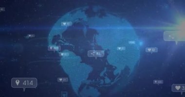 Uzaklaştırma işleminde kaybolan UI simgeleri, veri akışını gösteren işaretlerle dönen küreyi ortaya çıkarıyor. Fütüristik, dijital, küresel, bağlantı, teknoloji, veri görselleştirme, soyut