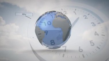 Saatin elleri gökyüzünde beliriyor. Soru işaretleri ve uçaklar birbirine bağlanıyor. Küreselleşme, bağlantı, veri görselleştirme, yenilik, iletişim, seyahat, teknoloji